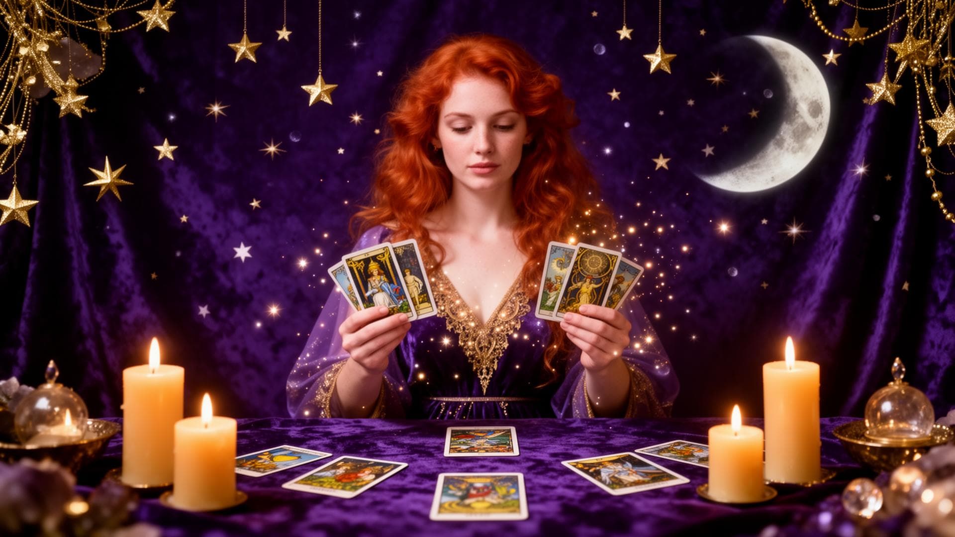 Mari Mansano segurando cartas de tarot em ambiente místico